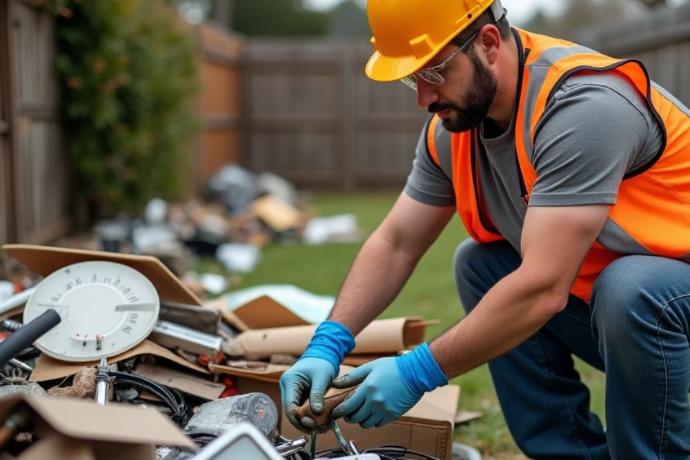 A man in an orange vest and safety glasses is engaged in junk removal work in Springfield, IL, surrounded by debris.