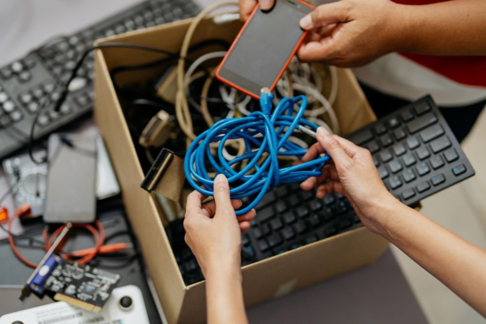 Individual with a phone and computer keyboard, highlighting e-waste junk removal services in Springfield, IL.